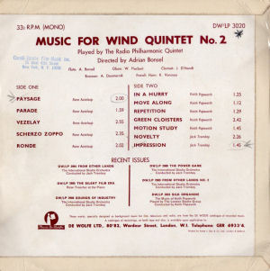 Music For Wind Quintet No. 2 - Back cover art.